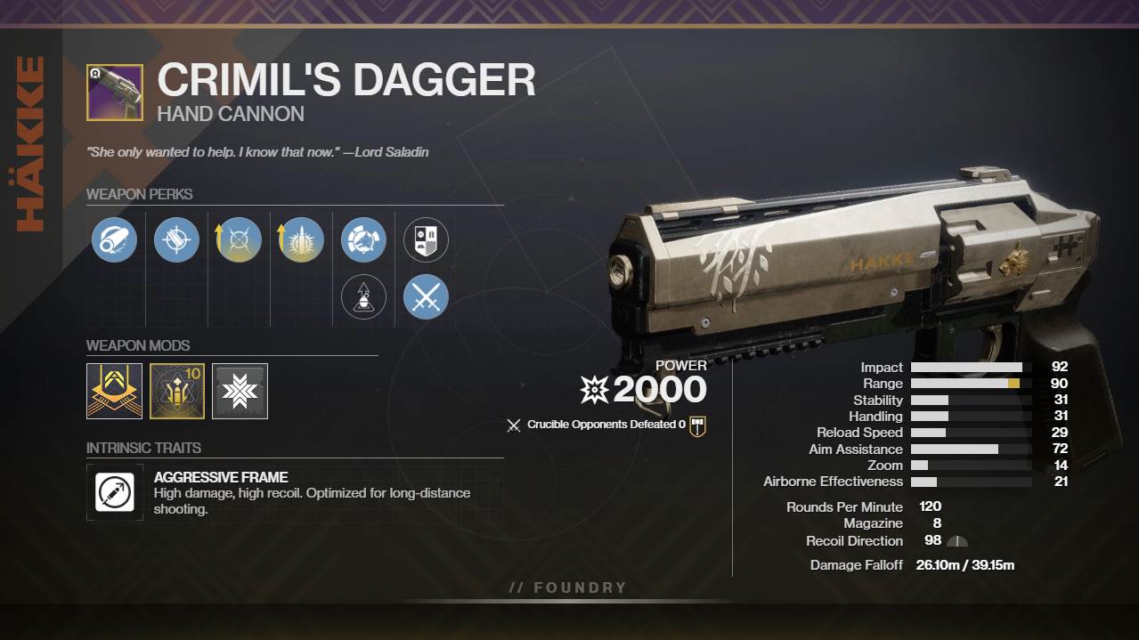 Destiny Crimil S Dagger Pvp God Roll Deltia S Gaming