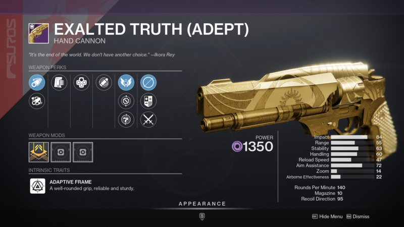 Exalted Truth ADEPT Hand Cannon Season 19 Trials of Osiris Weapon