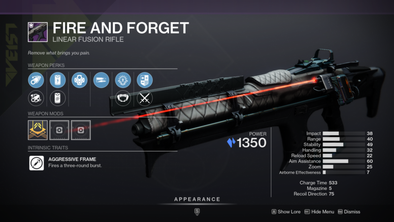 Fire and Forget Linear Fusion Rifle Season 19 WeaponFire and Forget Linear Fusion Rifle Season 19 Weapon
