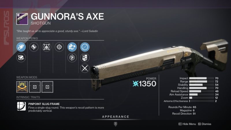 Gunnora's Axe Shotgun Season 19 Iron Banner Weapon