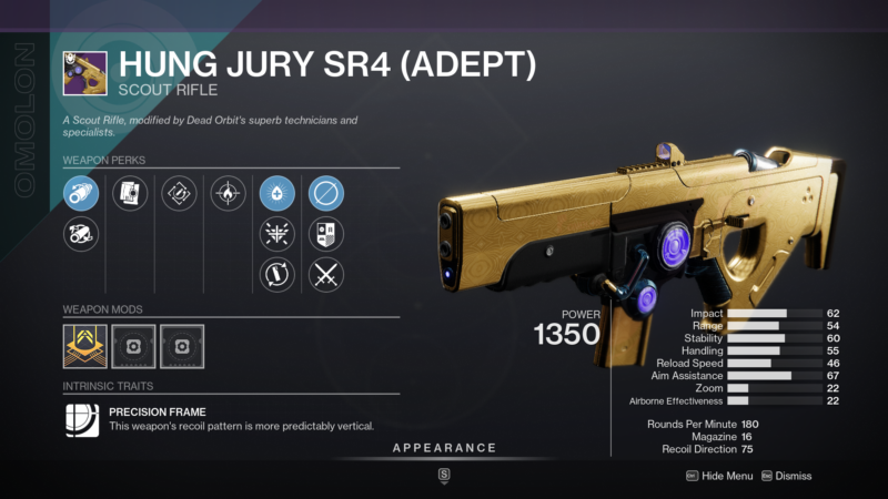 Hung Jury Scout Rifle SR4 ADEPT Season 19 Seraph Weapon