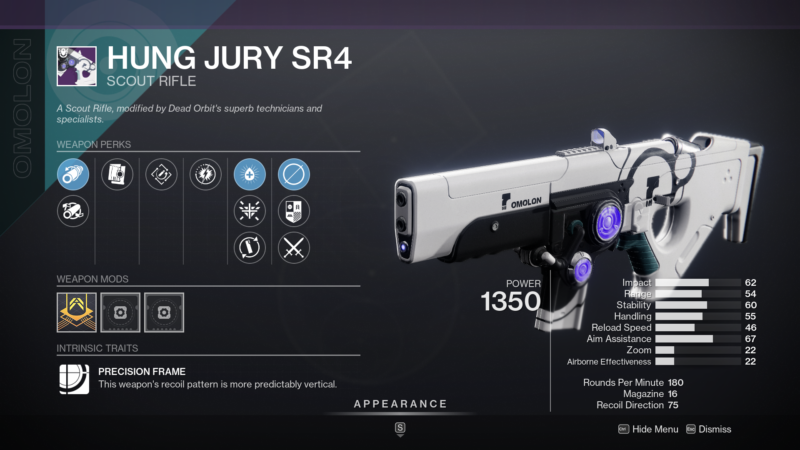 Hung Jury SR4 Scout Rifle Season 19 Seraph Weapon