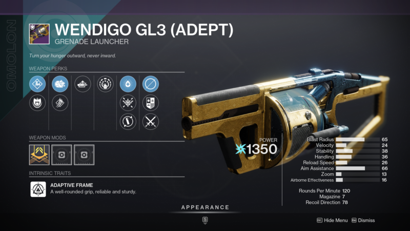 Wendigo GL3 Grenade Launcher ADEPT Season 19 nightfall Weapons