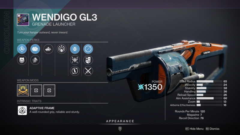 Wendigo GL3 Grenade Launcher Season 19 Nightfall Weapons