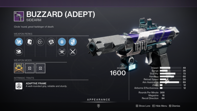 Destiny 2 Buzzard (Adept) Sidearm