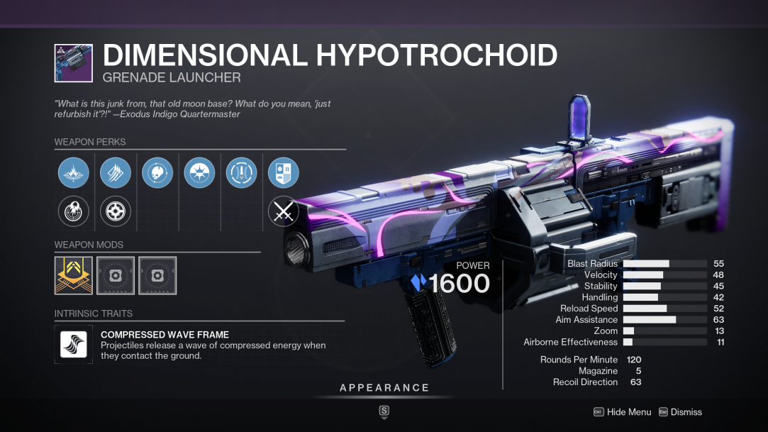 Destiny 2 Dimensional Hypotrochoid Grenade Launcher