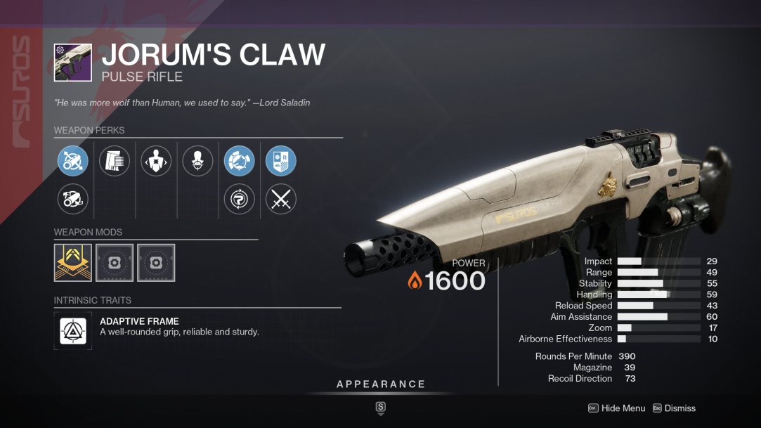 Destiny 2 Jorum's Claw Pulse Rifle