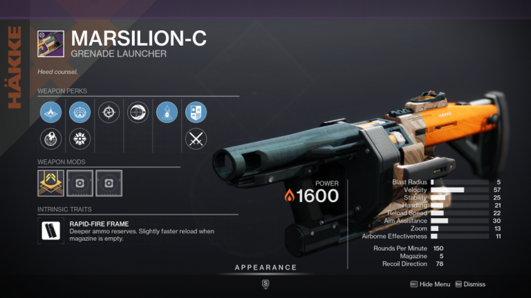 Destiny 2 Marsilion-C Grenade Launcher