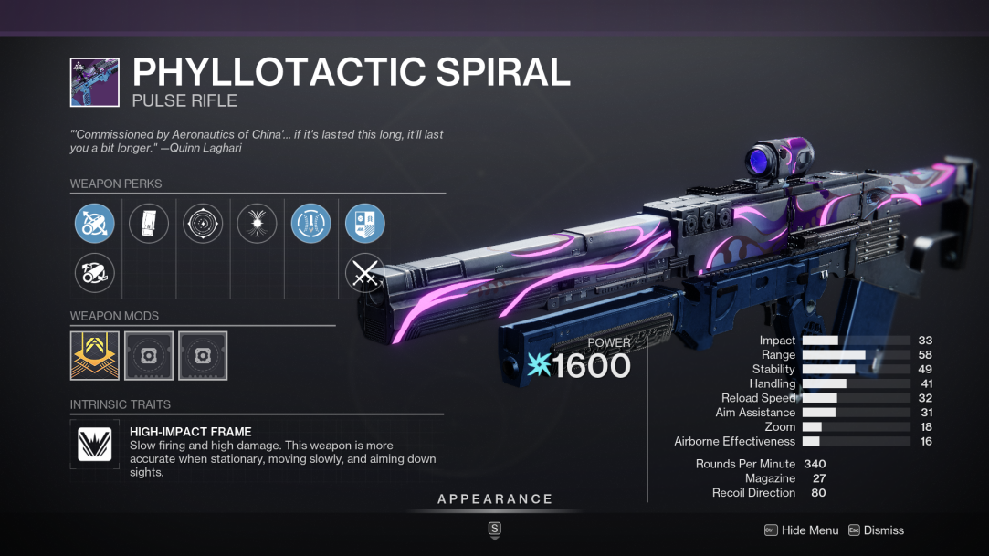 Destiny 2 Phyllotactic Spiral Pulse Rifle