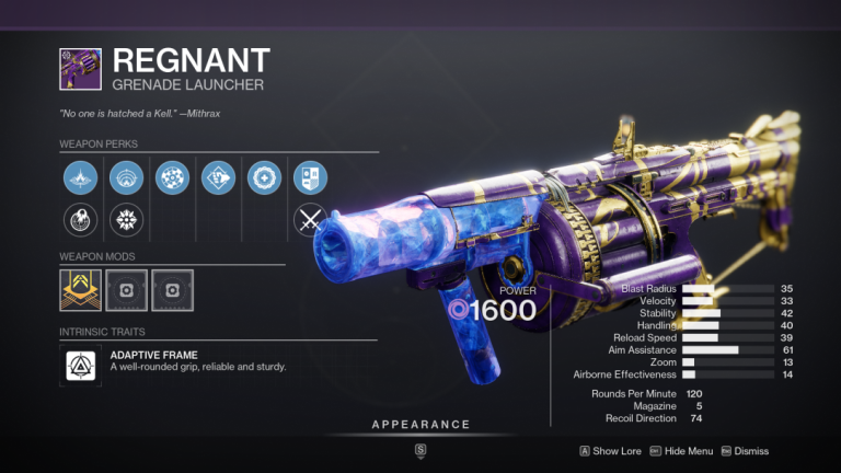 Destiny 2 Regnant Grenade Launcher