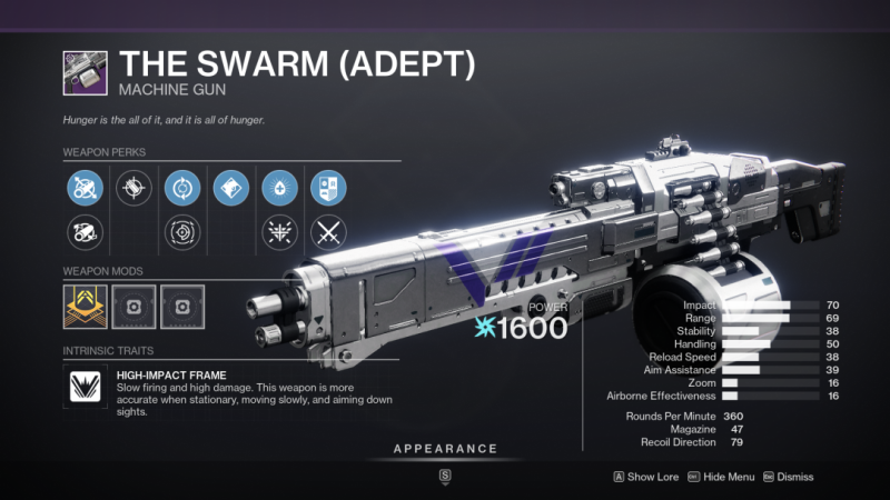 Destiny 2 The Swarm (Adept) Machine Gun