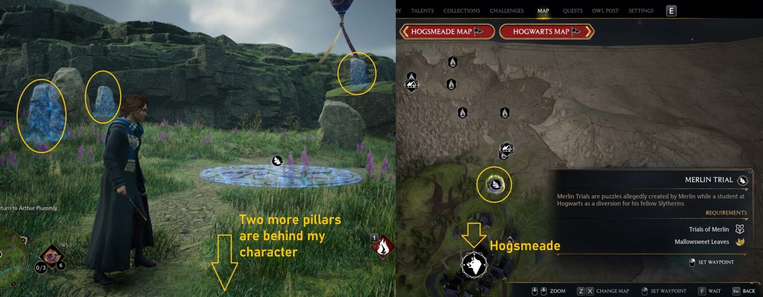 Hogwarts Legacy Merlin's Trial Stone Pilars Puzzle Location 1