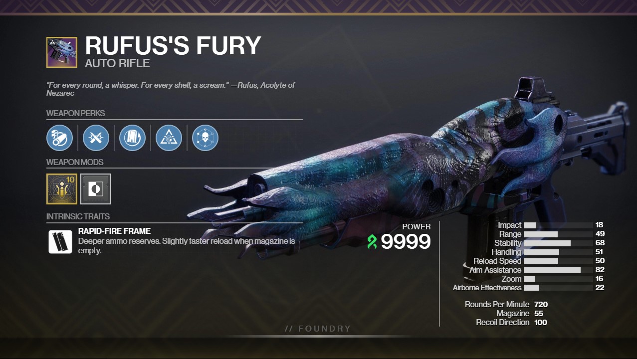 Rufus's Fury PVE God Roll