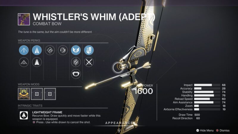 Destiny 2 Whistler's Whim (Adept) Combat Bow