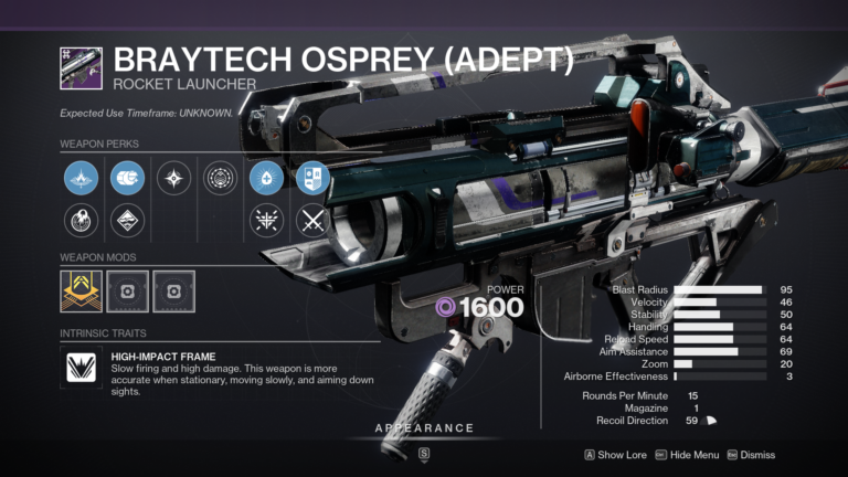 Destiny 2 Braytech Osprey Adept Rocket Launcher