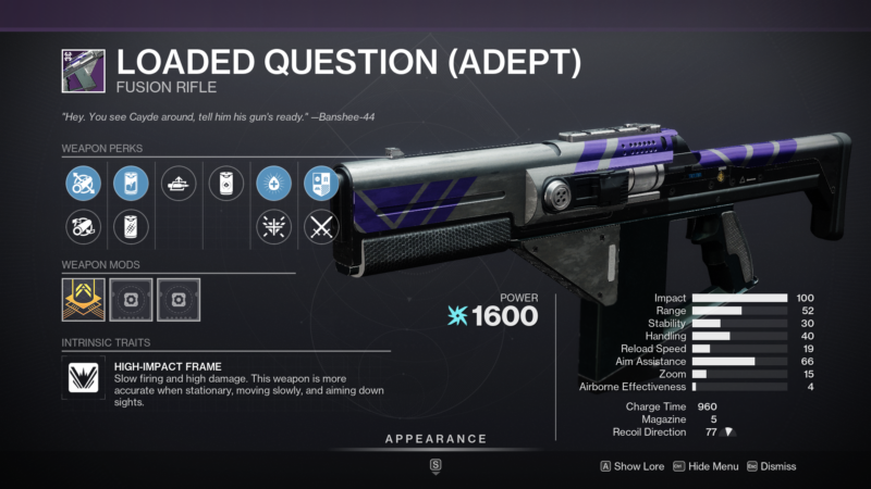 Destiny 2 Loaded Question Adept Fusion Rifle