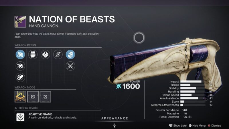 Destiny 2 Nation of Beast Hand Cannon