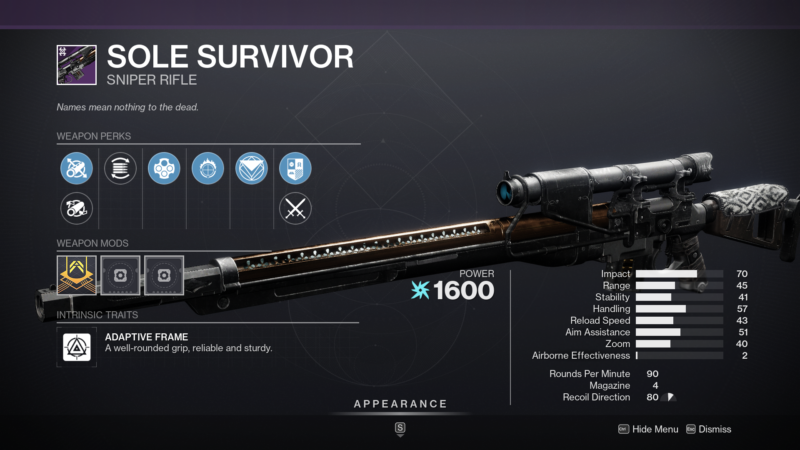 Destiny 2 Sole Survivor Sniper Rifle