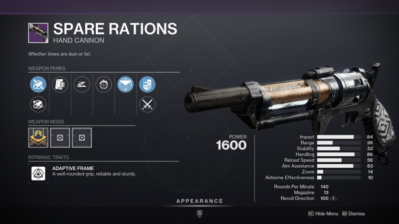 Destiny 2 Spare Rations Hand Cannon