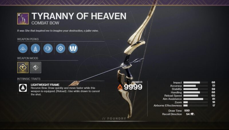 Destiny 2 Tyranny of Heaven PVP God Roll