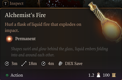 Baldur's Gate 3 Alchemists Fire tooltip