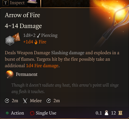 Baldur's Gate 3 Arrow of Fire tooltip