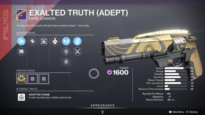 Exalted Truth Hand Cannon (Adept)