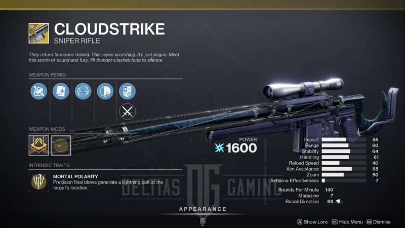 D2 Exotic Cloudstrike Arc Sniper Rifle