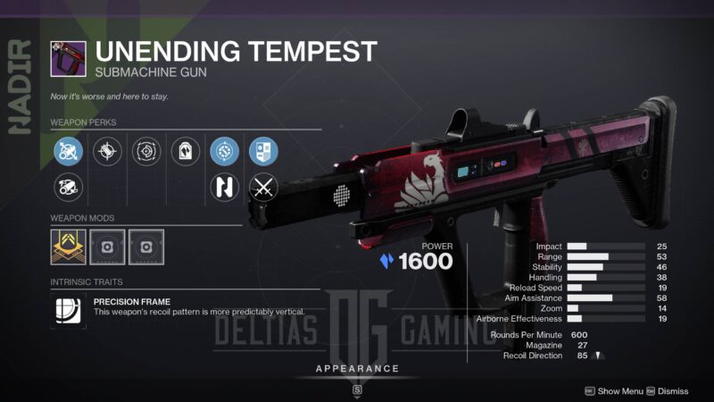 D2 Unending Tempest Stasis Submachine Gun