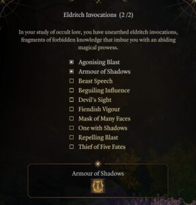 BG3 Eldritch Invocations Level 2 Warlock