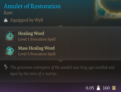 Baldur's Gate 3 Amulet of Restoration with healing spells