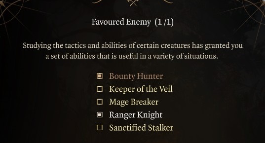 Baldur's Gate 3 Favored Enemy Bounty Hunger Ranger Knight