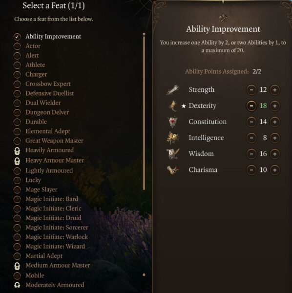 Baldur's Gate 3 Open Hand Monk Ability Improvement Feat Level 8