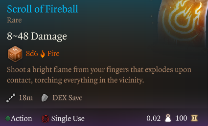 Baldur's Gate 3 Scroll of Fireball Tooltip