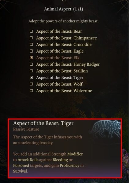 Baldur's Gate 3 Wildheart Barbarian Animal Aspect Tiger