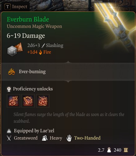 Baldur's Gate Everburn Blade tooltip