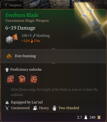 Baldur's Gate 3 Everburn Blade tooltip Damage Types Tier List