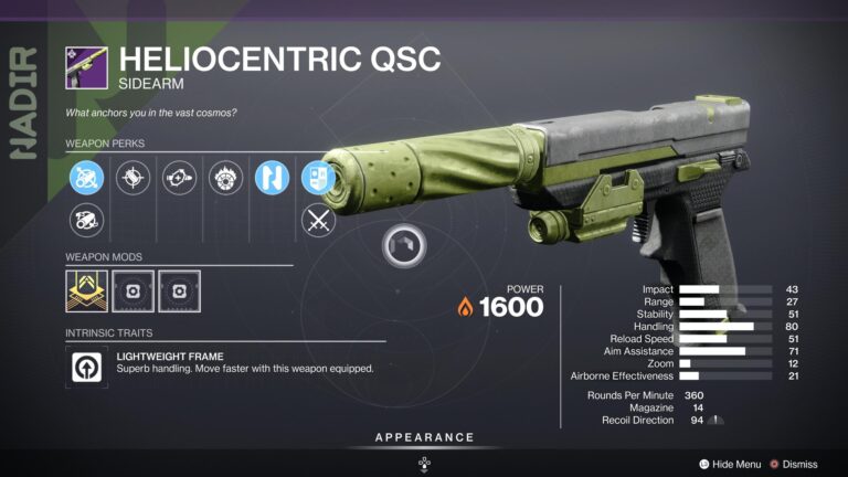 Destiny 2 Heliocentric QSc Sidearm