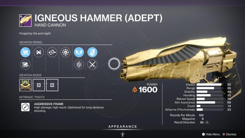 Destiny 2 Igneous Hammer Hand Cannon
