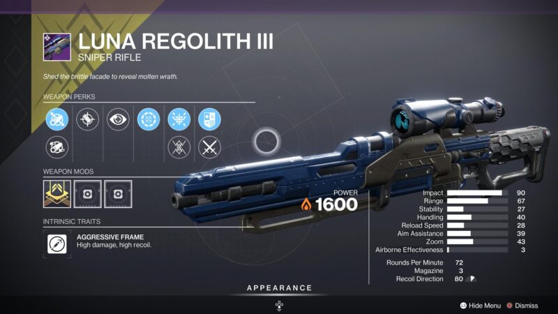 Destiny 2 Luna Regolith III Sniper Rifle