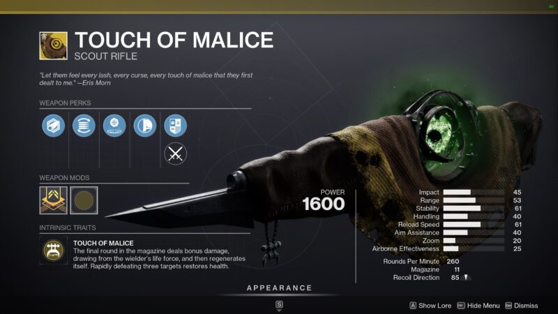Destiny 2 Touch of Malice Exotic Scout Rifle