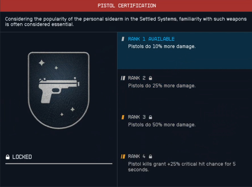 Starfield Pistol Certification Skill
