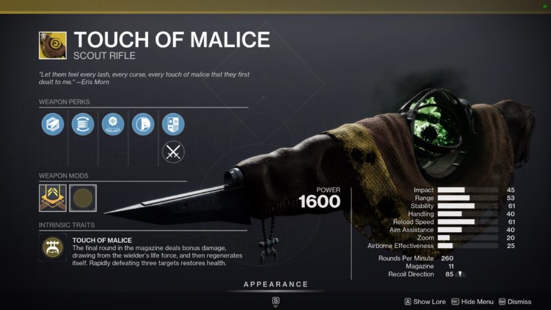 Touch of Malice Exotic Weapon Balancing
