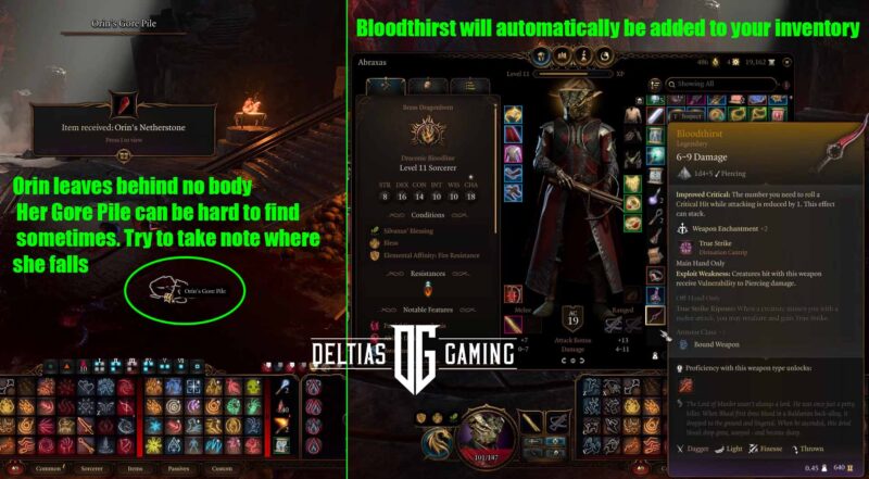 Baldur's Gate 3 Looting Orin and Bloodthirst in Inventory