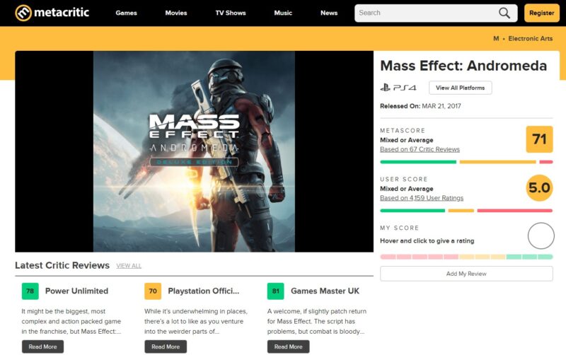 Mass Effect Andromeda Metacritic Reviews
