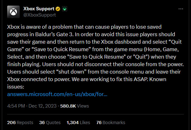 Baldur's Gate 3 Missing Xbox Saves Still Ongoing