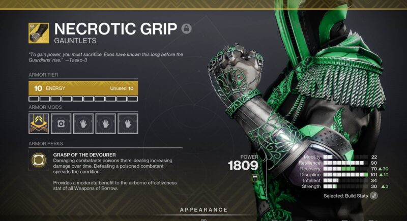 D2 Necrotic Grips Exotic Armor