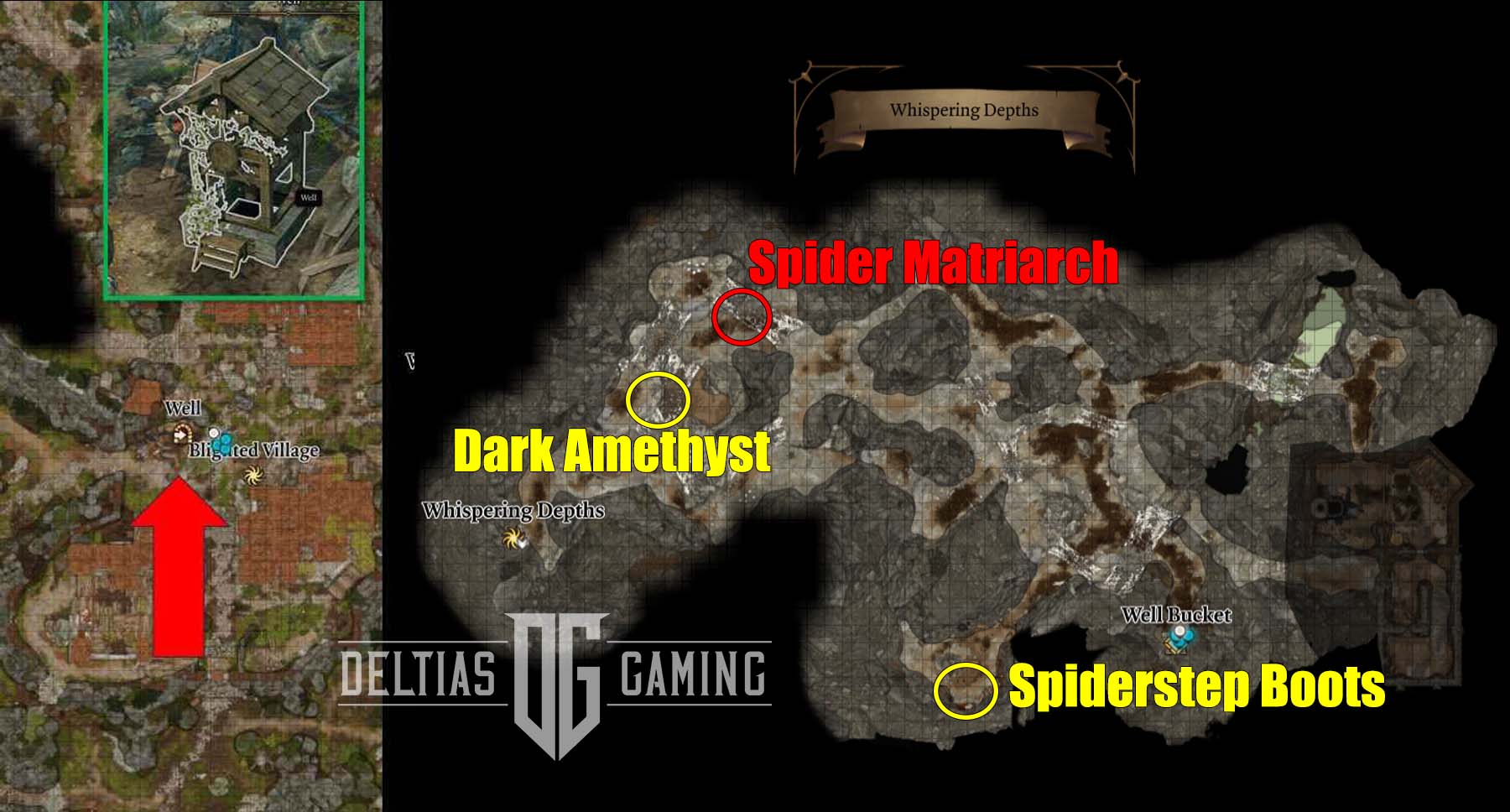 Baldur's Gate 3 Whispering Depths map Spider Matriarch Dark Amethyst Spiderstep Boots