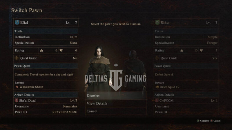 DD2 Dismiss Pawn Selection Screen