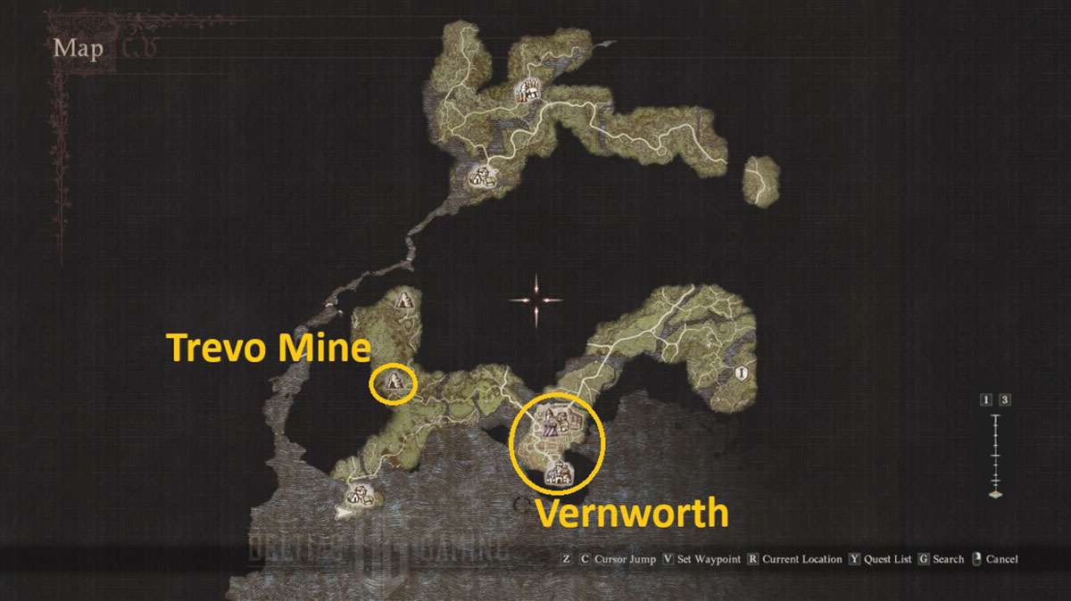 Dragon's Dogma 2 - Vernworth Vocation Guild and Trevo Mine location on the map